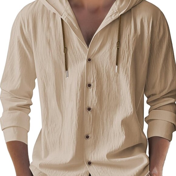 Khaki Cotton Linen Hooded Button Down Shirt - Perfect for Casual Summer Style